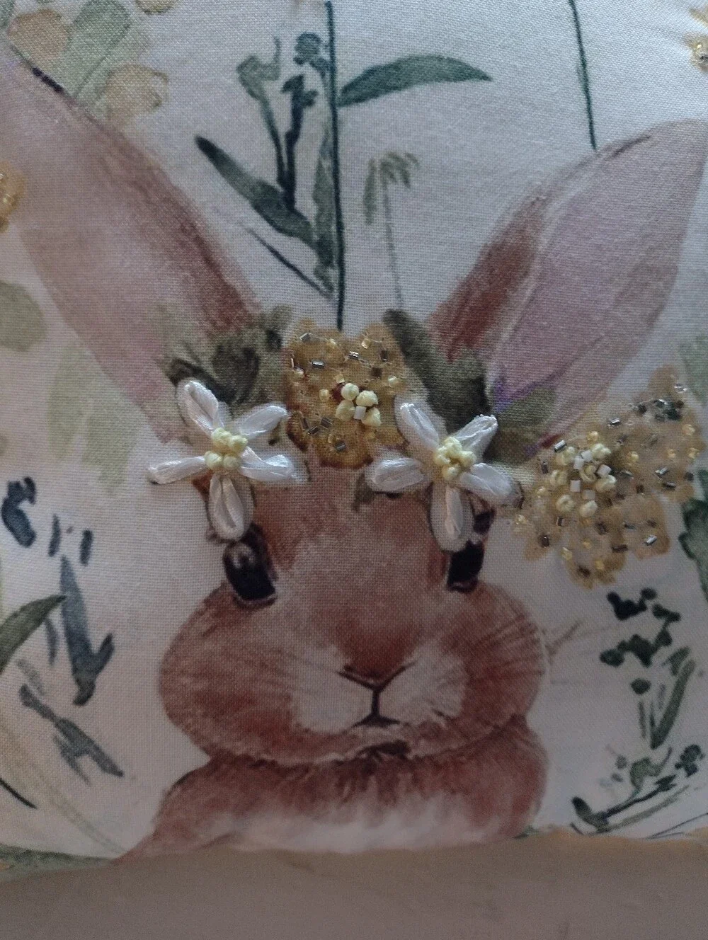Isaac Mizrahi 19 X19 Yellow Pom-Trim Decorative Pillow Bunny & Beaded Floral